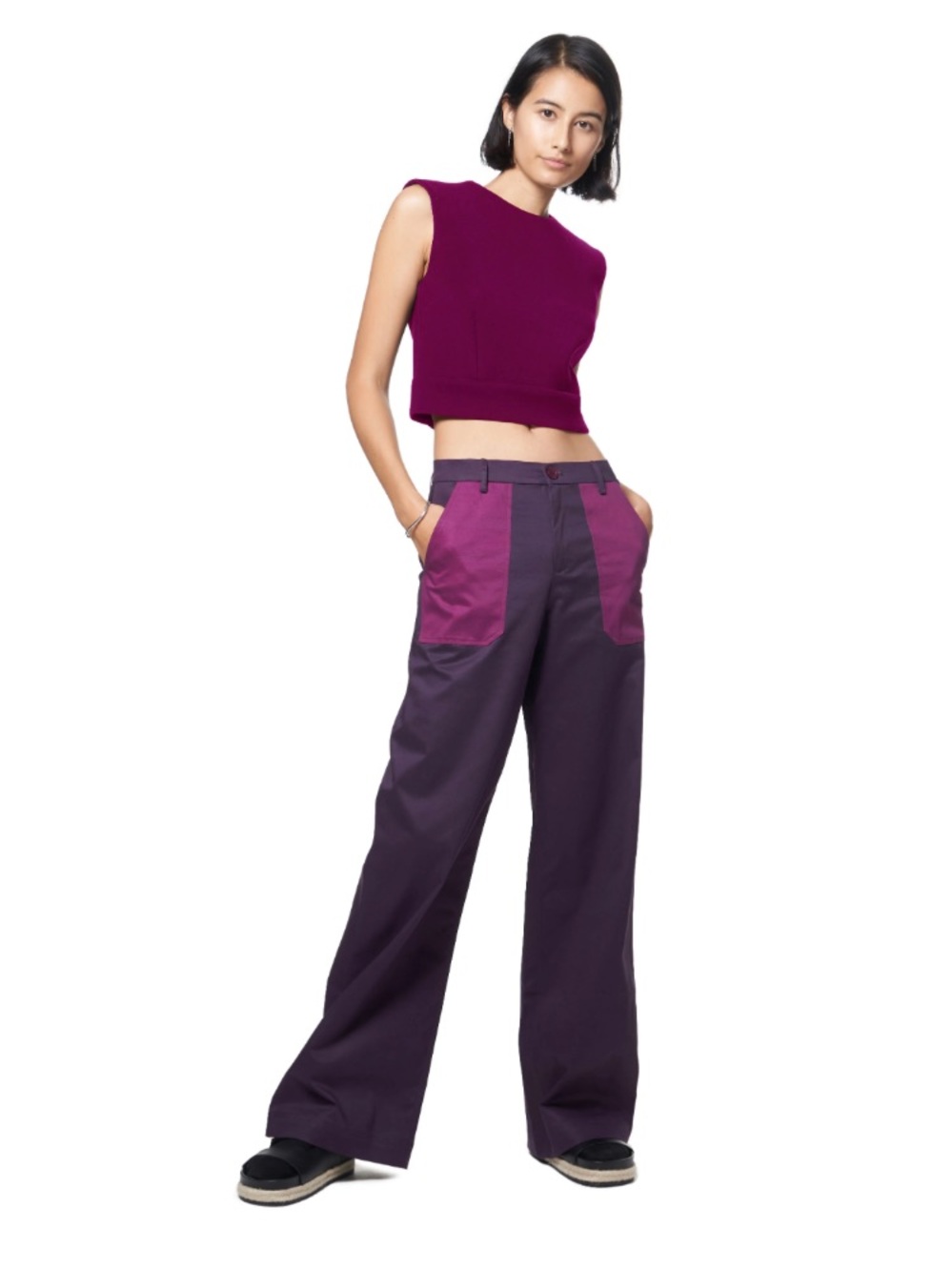 The KIT. Pants Tracee Wide Leg Cotton Twill in Eggplant Purple